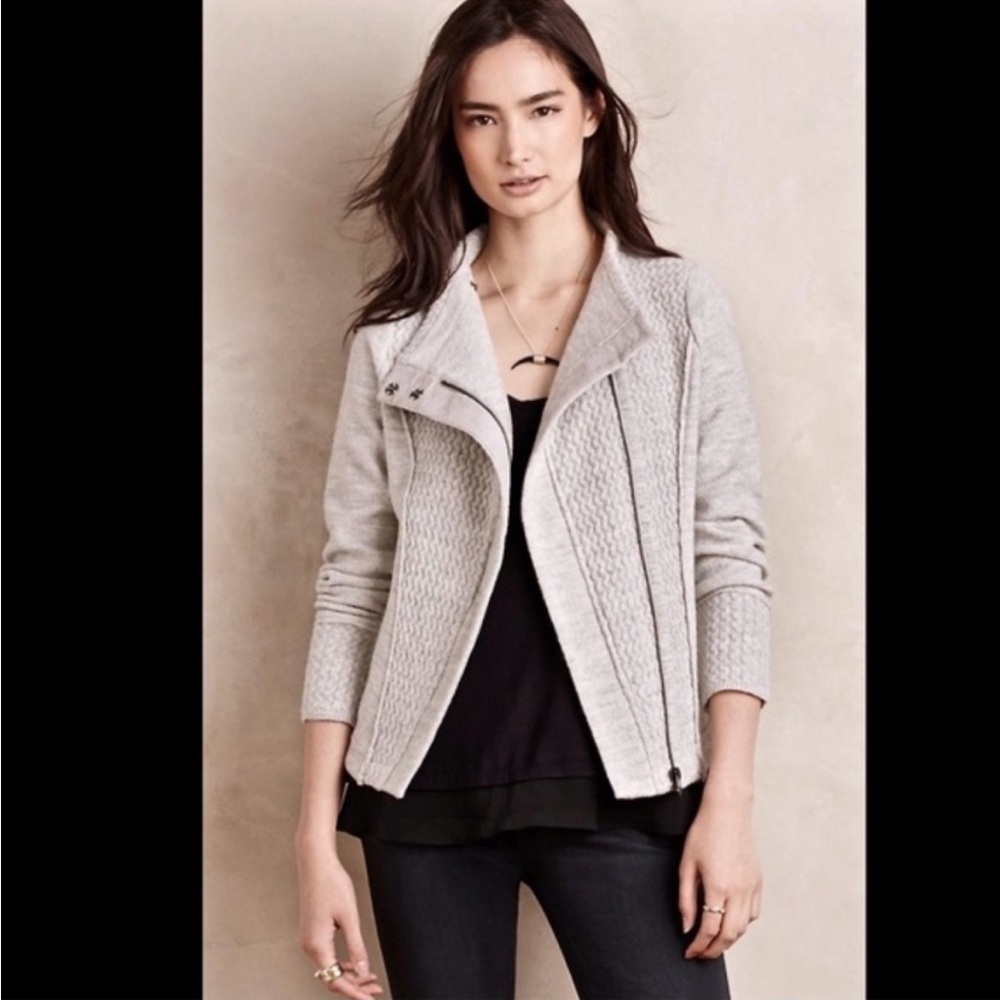 Anthropologie Sparrow Light Gray Textured Zip-Front Sweater Moto Jacket